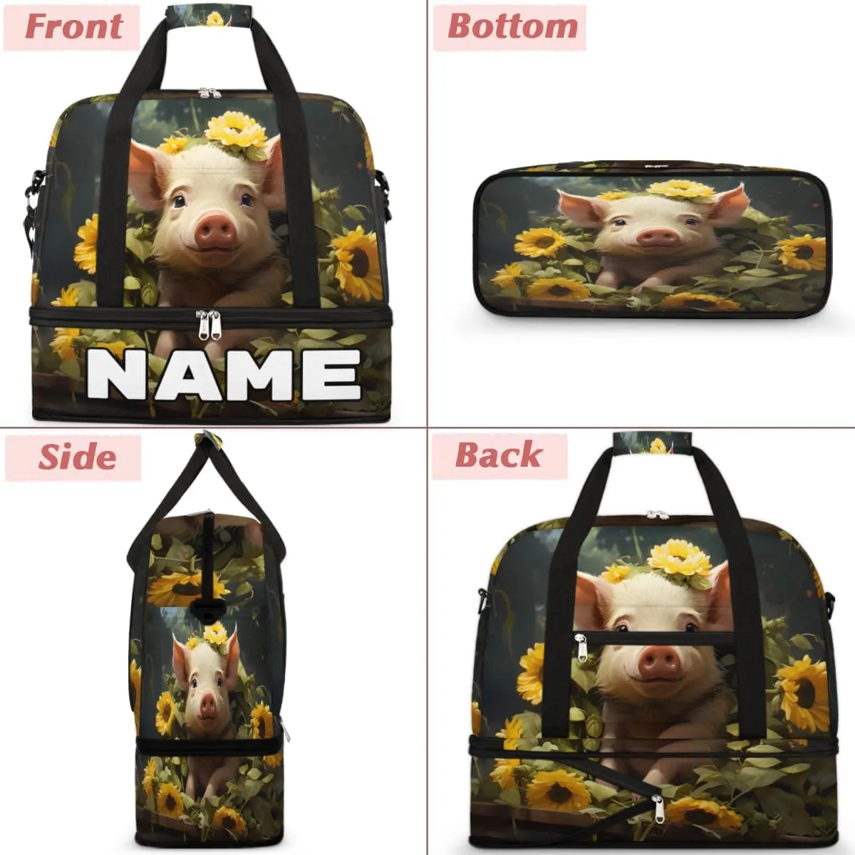 Cute Pig Sunflowers Custom Foldable Duffle Bag with Shoes Compartment Personalized Large Capacity Waterproof Travel Weekender Bag Overnight Bag for Sports Gym