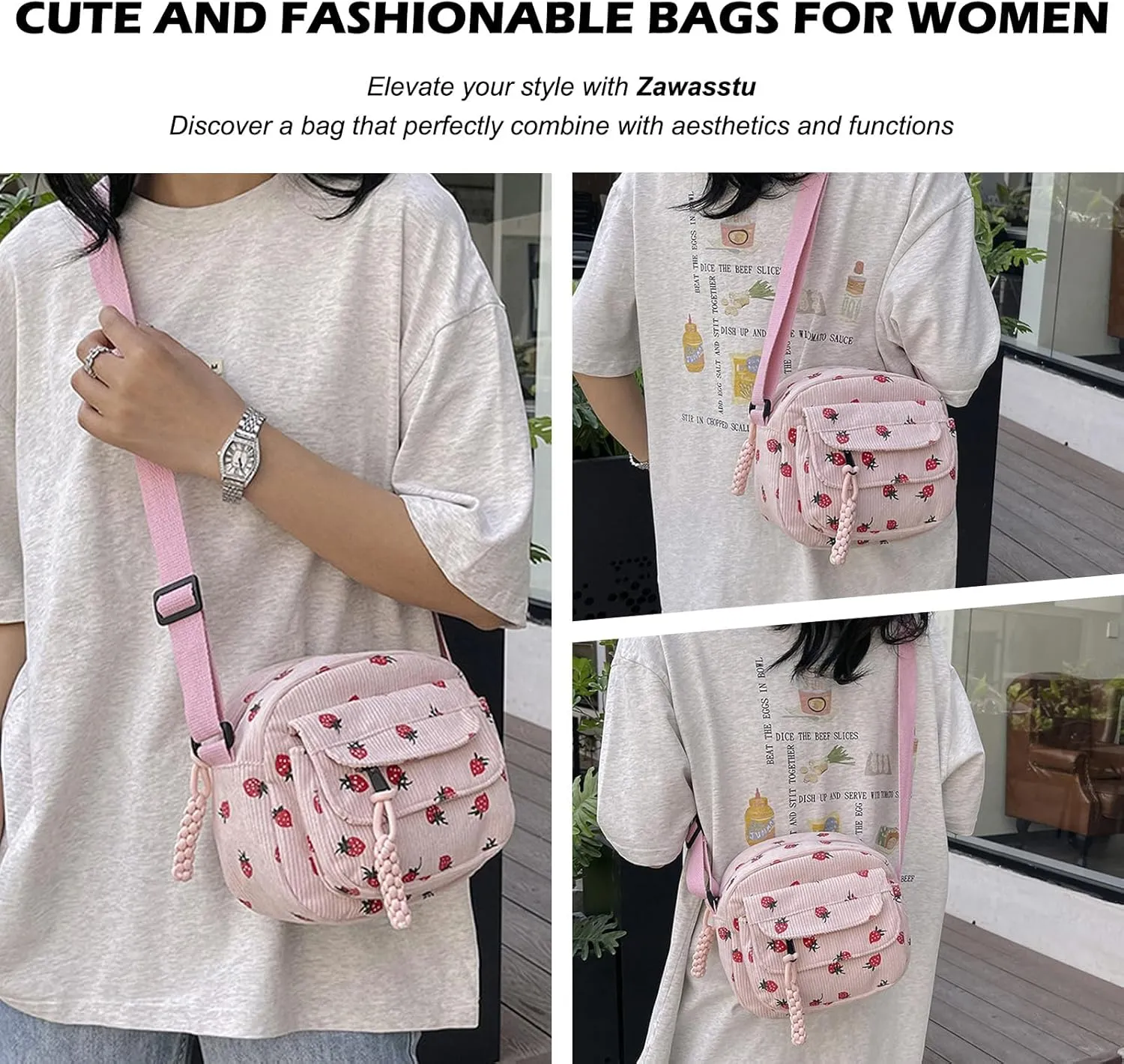 Cute Purse for Women Strawberry Bag Corduroy Tote Bag Work Messenger Bag Cute Crossbody Bag Handbags Everyday Bag