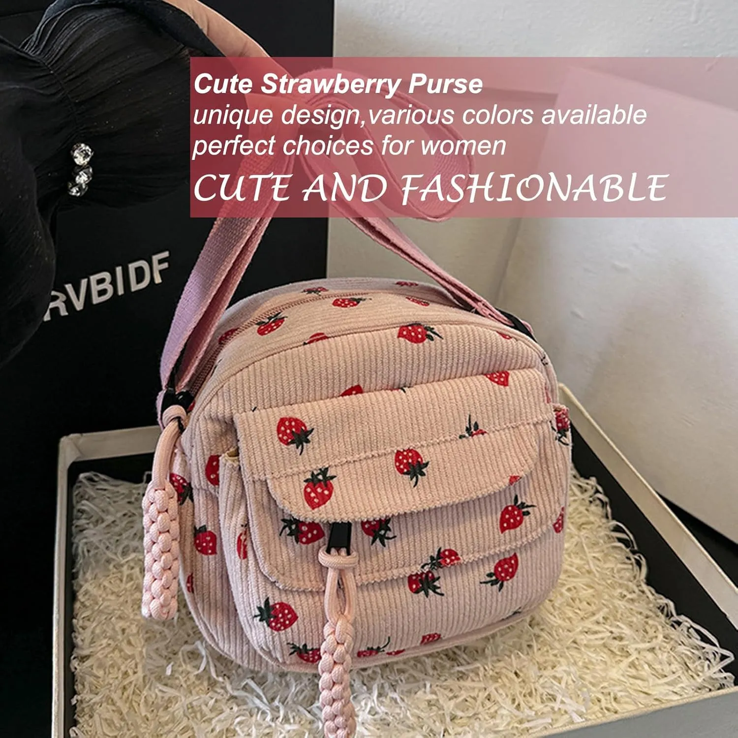 Cute Purse for Women Strawberry Bag Corduroy Tote Bag Work Messenger Bag Cute Crossbody Bag Handbags Everyday Bag