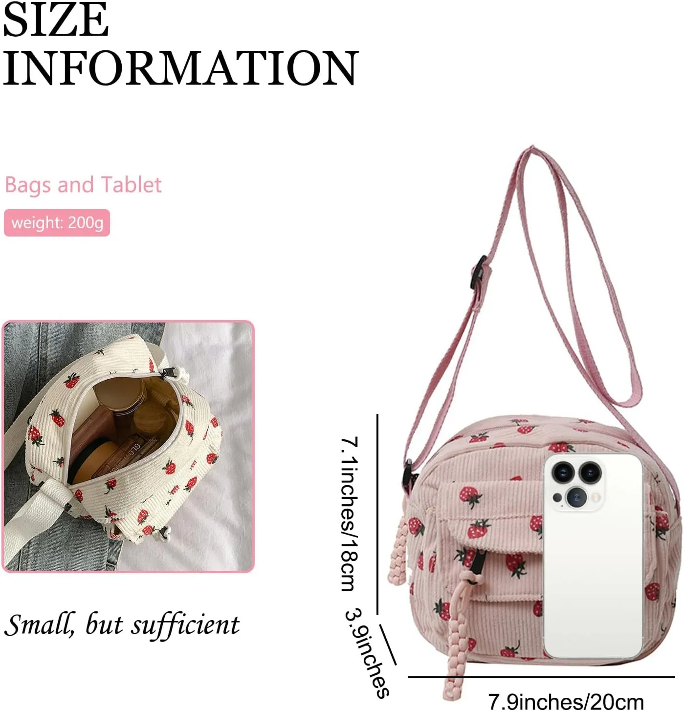 Cute Purse for Women Strawberry Bag Corduroy Tote Bag Work Messenger Bag Cute Crossbody Bag Handbags Everyday Bag