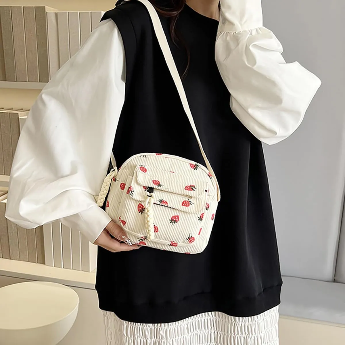 Cute Purses for Women Strawberry Bag Corduroy Tote Bag for Women Messenger Bag Cute Crossbody Bags Handbags
