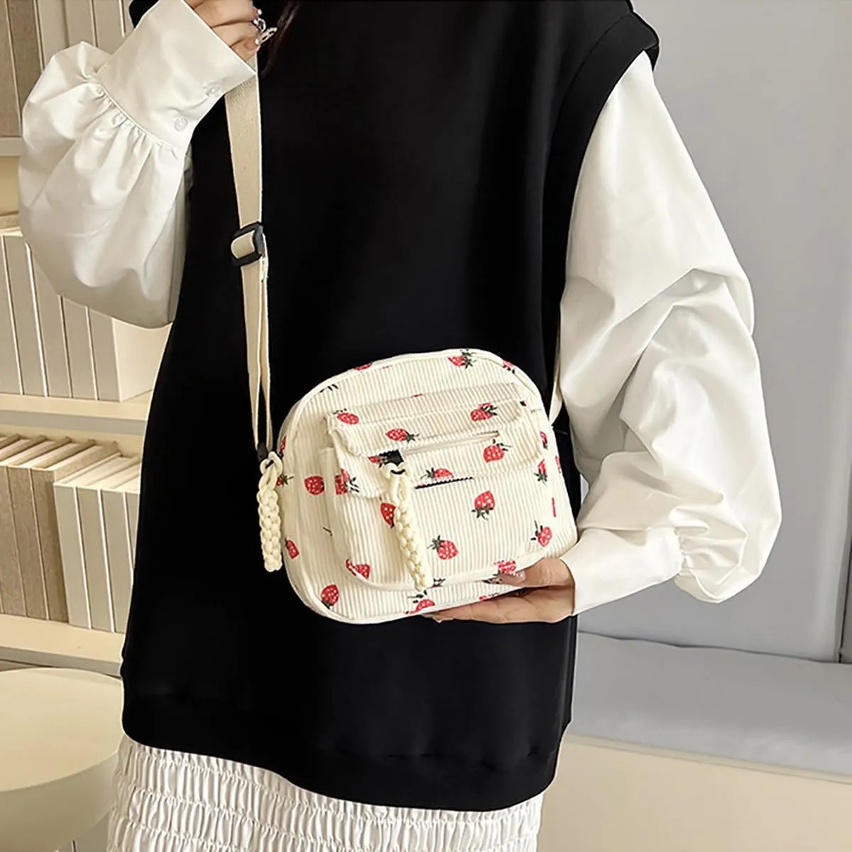 Cute Purses for Women Strawberry Bag Corduroy Tote Bag for Women Messenger Bag Cute Crossbody Bags Handbags