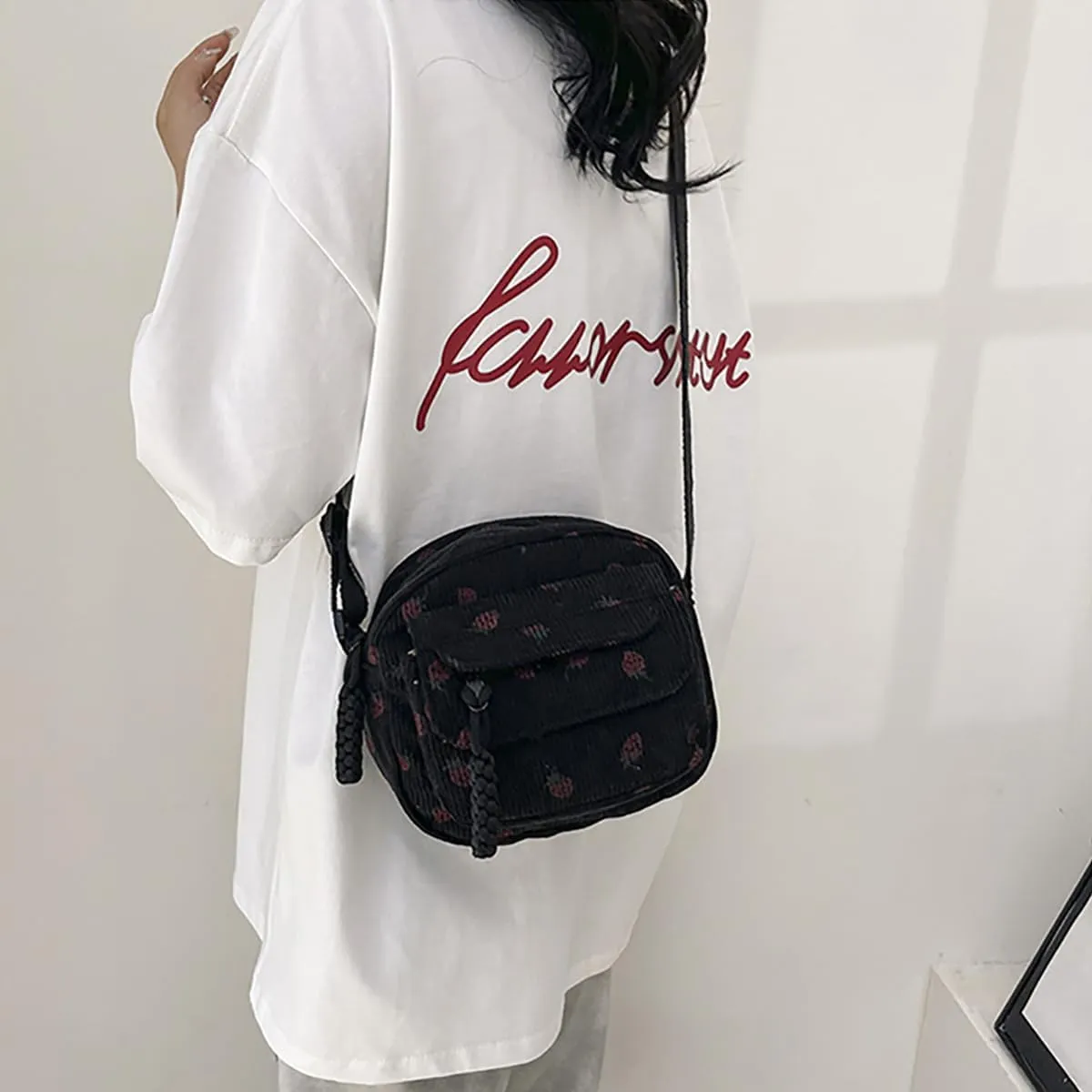 Cute Purses for Women Strawberry Bag Corduroy Tote Bag for Women Messenger Bag Cute Crossbody Bags Handbags
