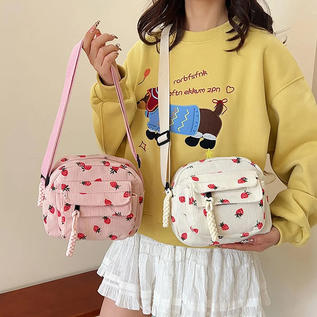 Cute Purses for Women Strawberry Bag Corduroy Tote Bag for Women Messenger Bag Cute Crossbody Bags Handbags