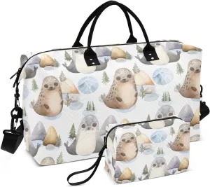 Cute Seal Firs White Sports Gym Bag for Women Men Travel Duffel Bag Weekend Overnight Carry on Bag with Toiletry Bag for Workout Swimming Yoga Plane