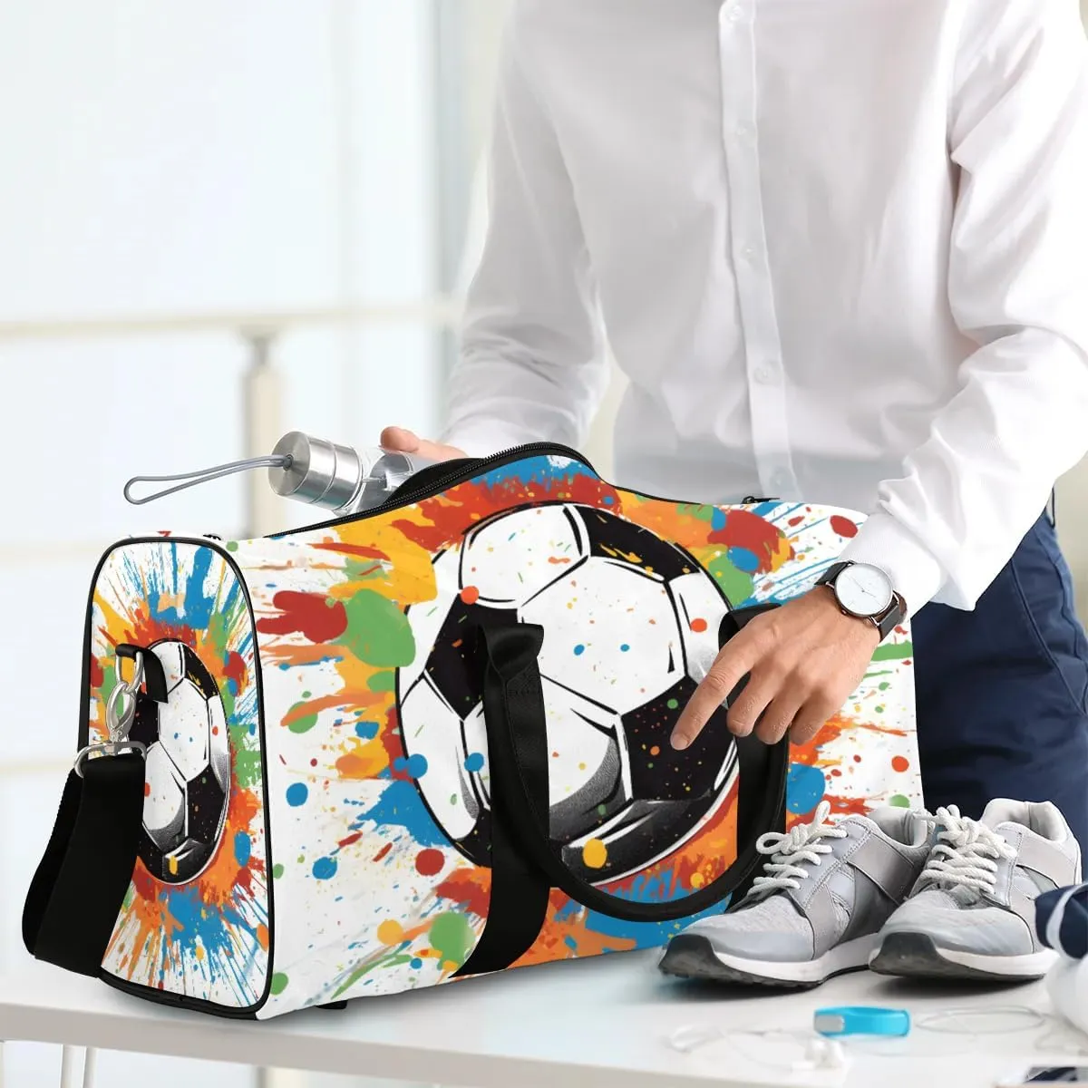 Cute Soccer Pattern Travel Duffel Bag for Women Men Waterproof Foldable Overnight Weekender Bag Large Capacity Sports Gym Bag