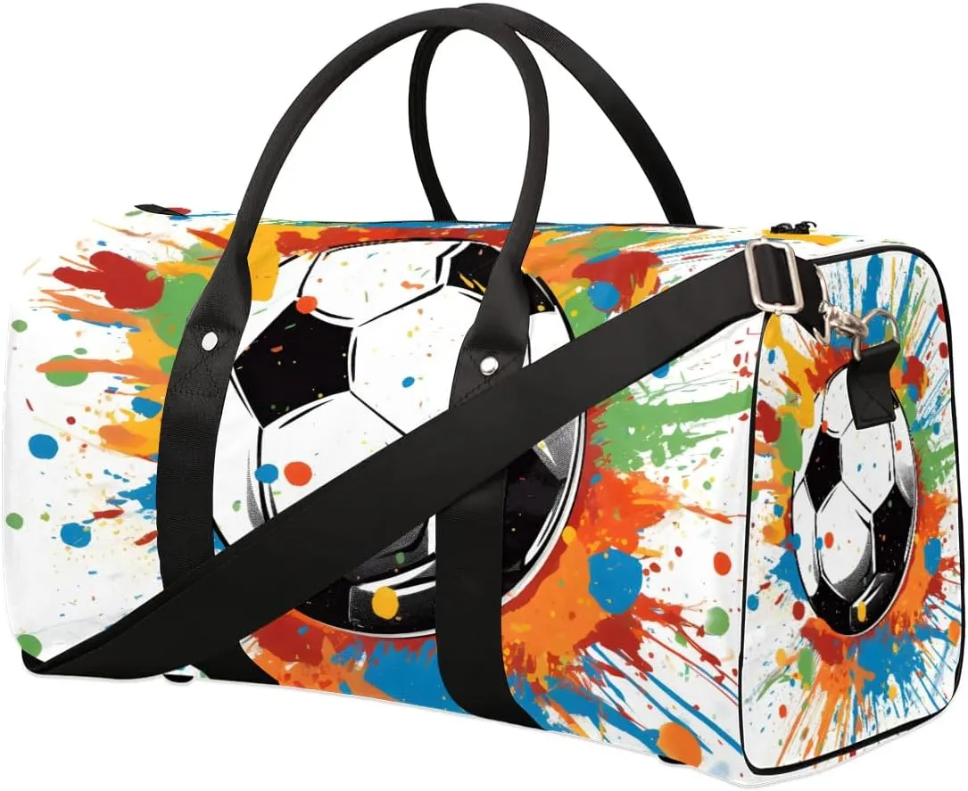 Cute Soccer Pattern Travel Duffel Bag for Women Men Waterproof Foldable Overnight Weekender Bag Large Capacity Sports Gym Bag