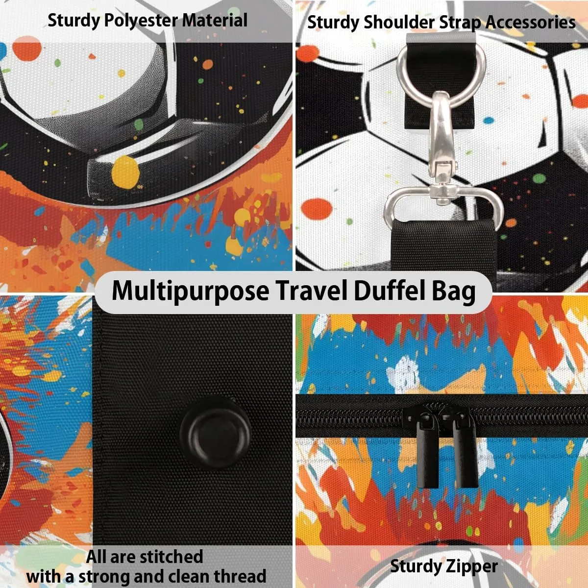 Cute Soccer Pattern Travel Duffel Bag for Women Men Waterproof Foldable Overnight Weekender Bag Large Capacity Sports Gym Bag