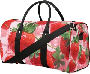Cute Strawberry Pattern Travel Duffel Bag for Women Men Waterproof Foldable Overnight Weekender Bag Large Capacity Sports Gym Bag