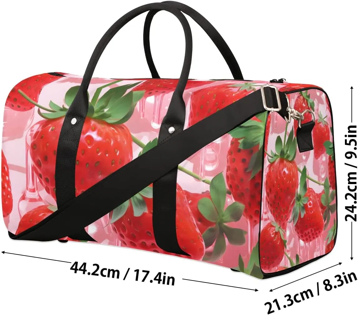 Cute Strawberry Pattern Travel Duffel Bag for Women Men Waterproof Foldable Overnight Weekender Bag Large Capacity Sports Gym Bag