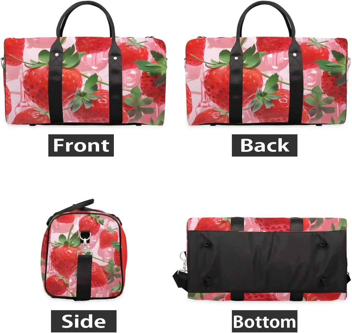 Cute Strawberry Pattern Travel Duffel Bag for Women Men Waterproof Foldable Overnight Weekender Bag Large Capacity Sports Gym Bag