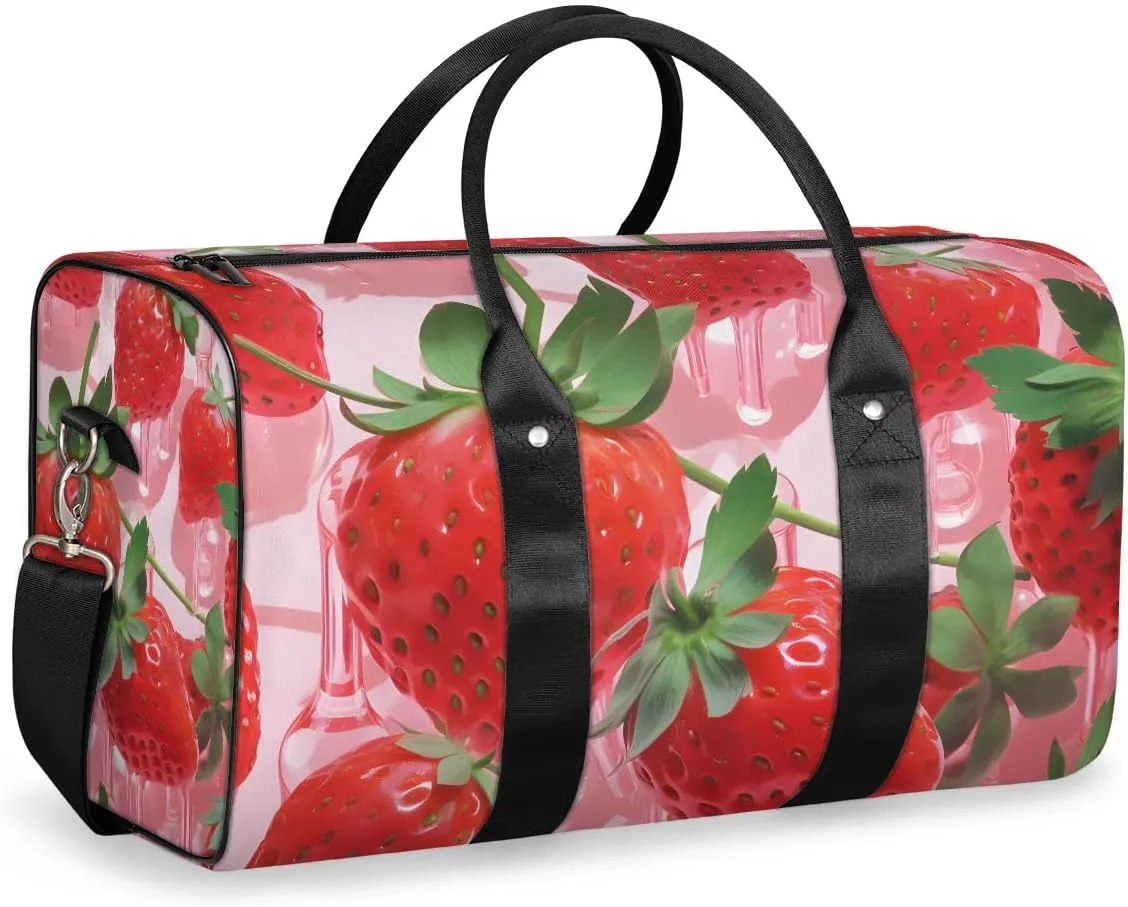 Cute Strawberry Pattern Travel Duffel Bag for Women Men Waterproof Foldable Overnight Weekender Bag Large Capacity Sports Gym Bag