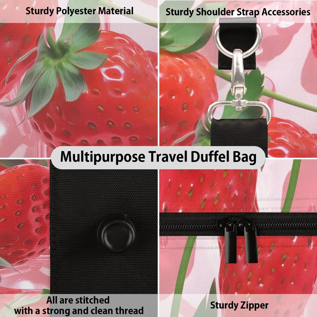 Cute Strawberry Pattern Travel Duffel Bag for Women Men Waterproof Foldable Overnight Weekender Bag Large Capacity Sports Gym Bag