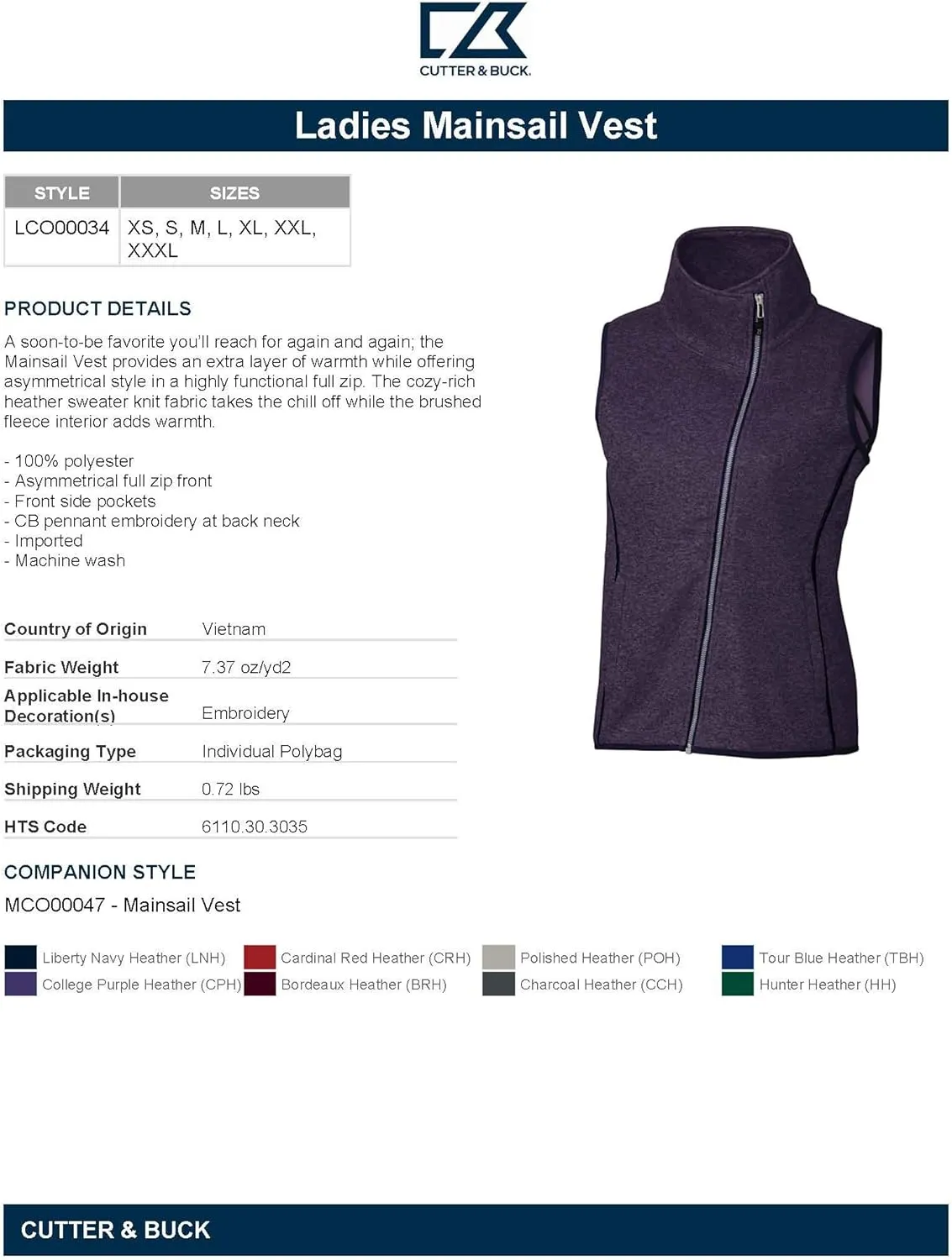 Cutter & Buck Rainier Primaloft Womens Eco Insulated Full Zip Puffer Vest
