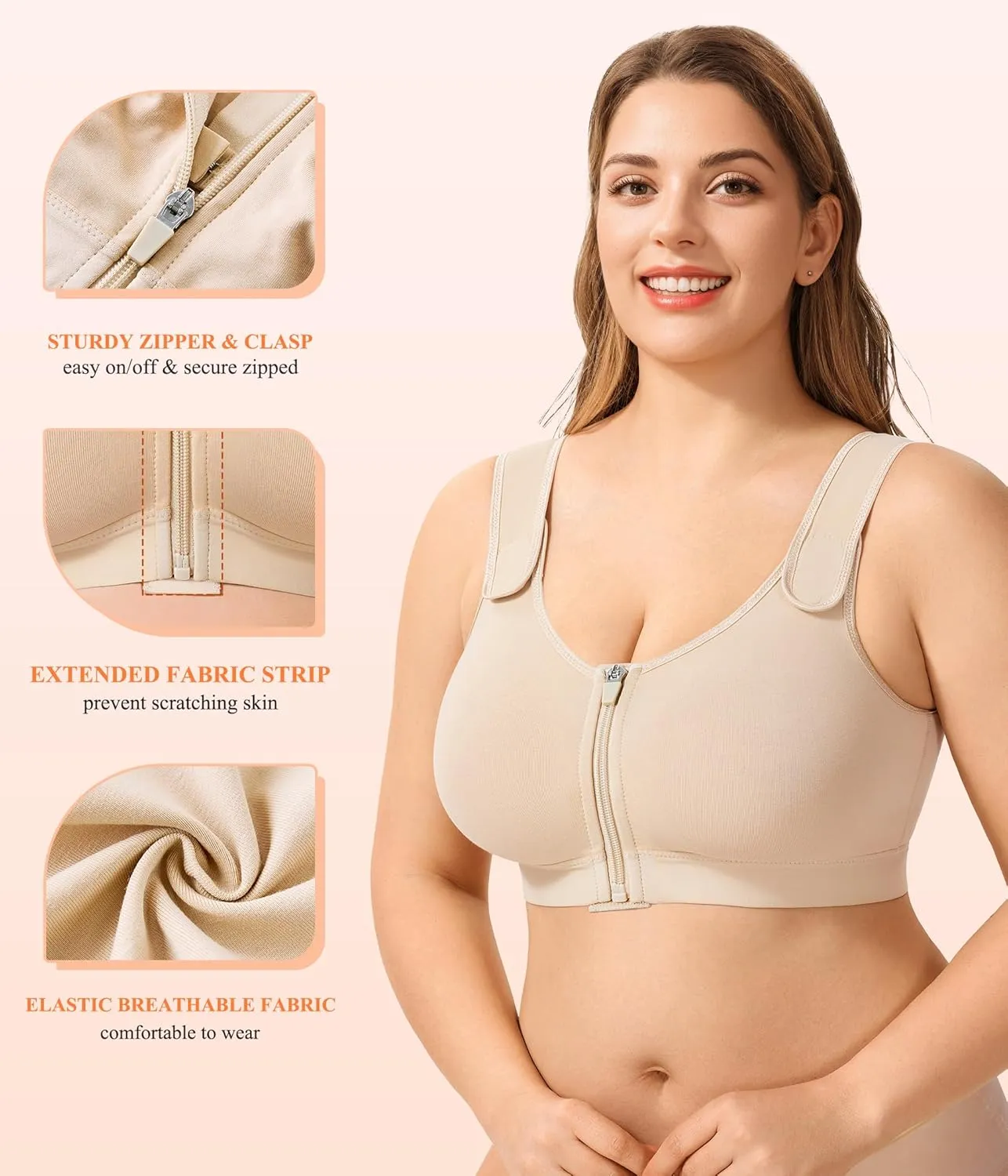CYDREAM Zip Front Closure Wireless Bras for Women Full Coverage Post Surgery Compression Back Smoothing Comfort Adjustable