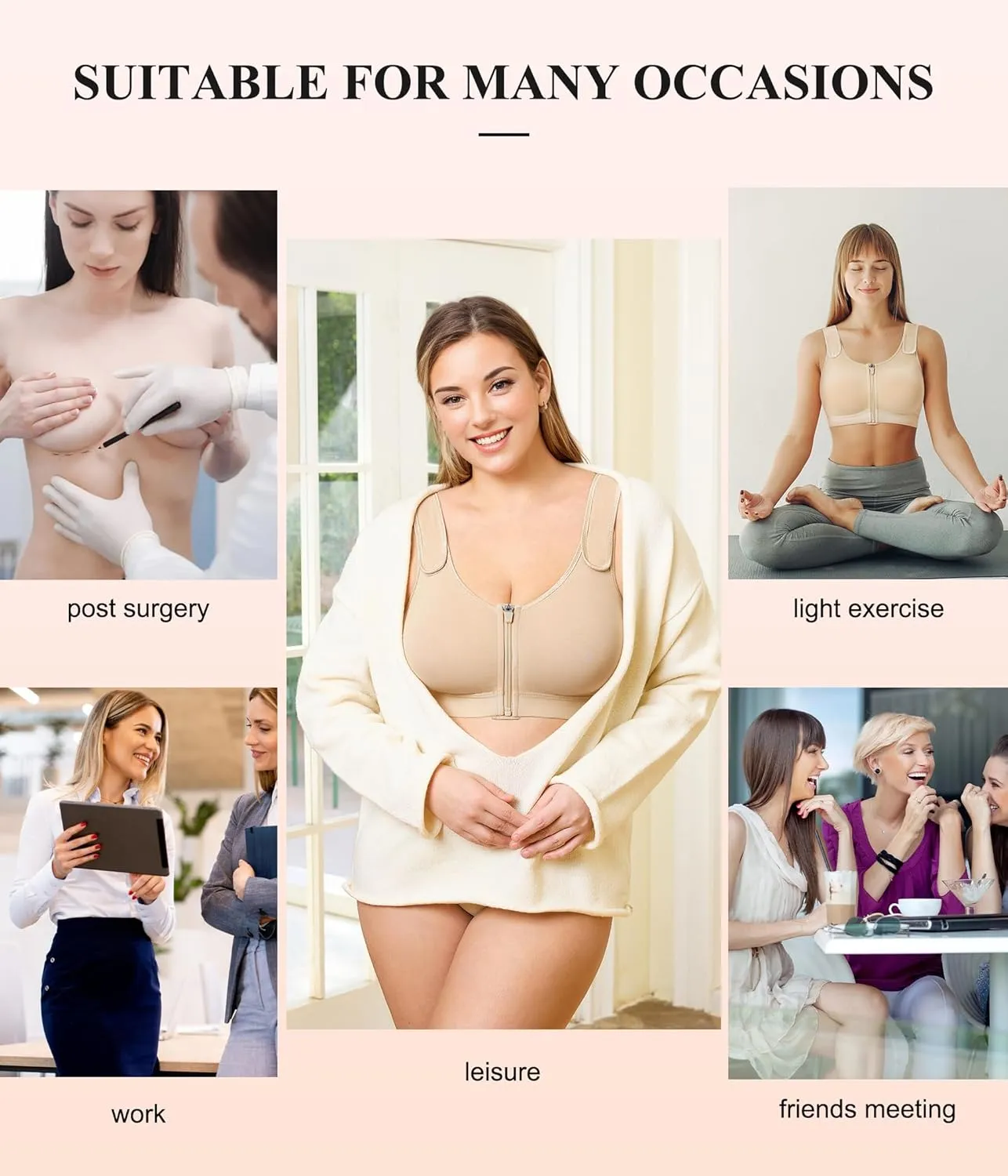 CYDREAM Zip Front Closure Wireless Bras for Women Full Coverage Post Surgery Compression Back Smoothing Comfort Adjustable