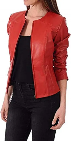 D DOLLY LAMB Women's Lambskin Leather Moto Biker Jacket, Winter Wear Round Neck Collar Jacket for Bike Riding & Casual Wear