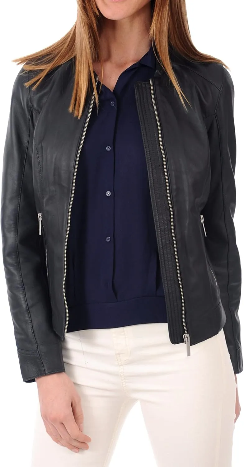 D DOLLY LAMB Women's Lambskin Leather Moto Biker Jacket, Winter Wear Round Neck Collar Jacket for Bike Riding & Casual Wear
