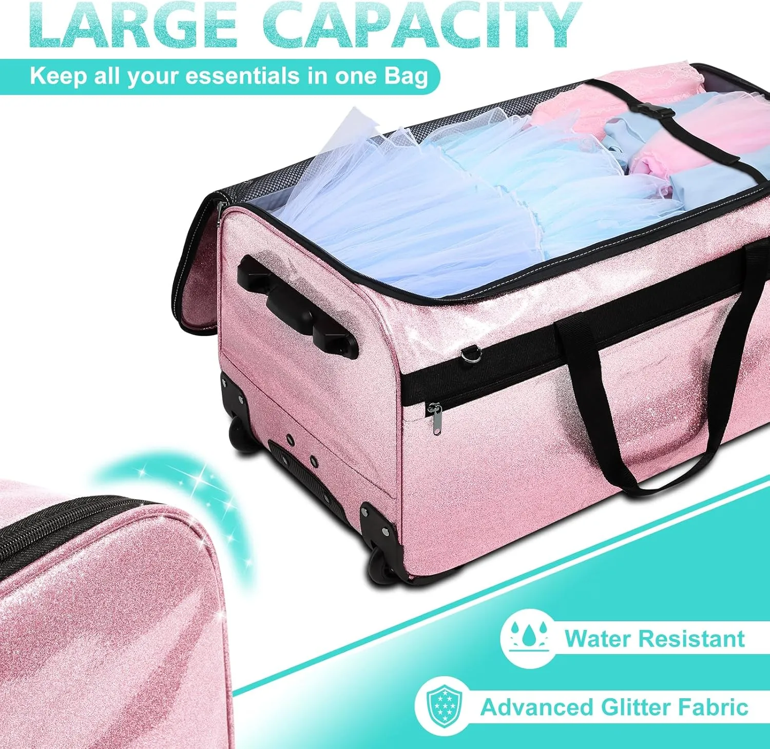 Dance Bag with Garment Rack and Curtain, 29" Glitter Rolling Dance Competition Bag with Garment Rack & Wheels, Collapsible Dance Travel Bag Suitcase for Dancers Performer Artist Livestreamer Athlete