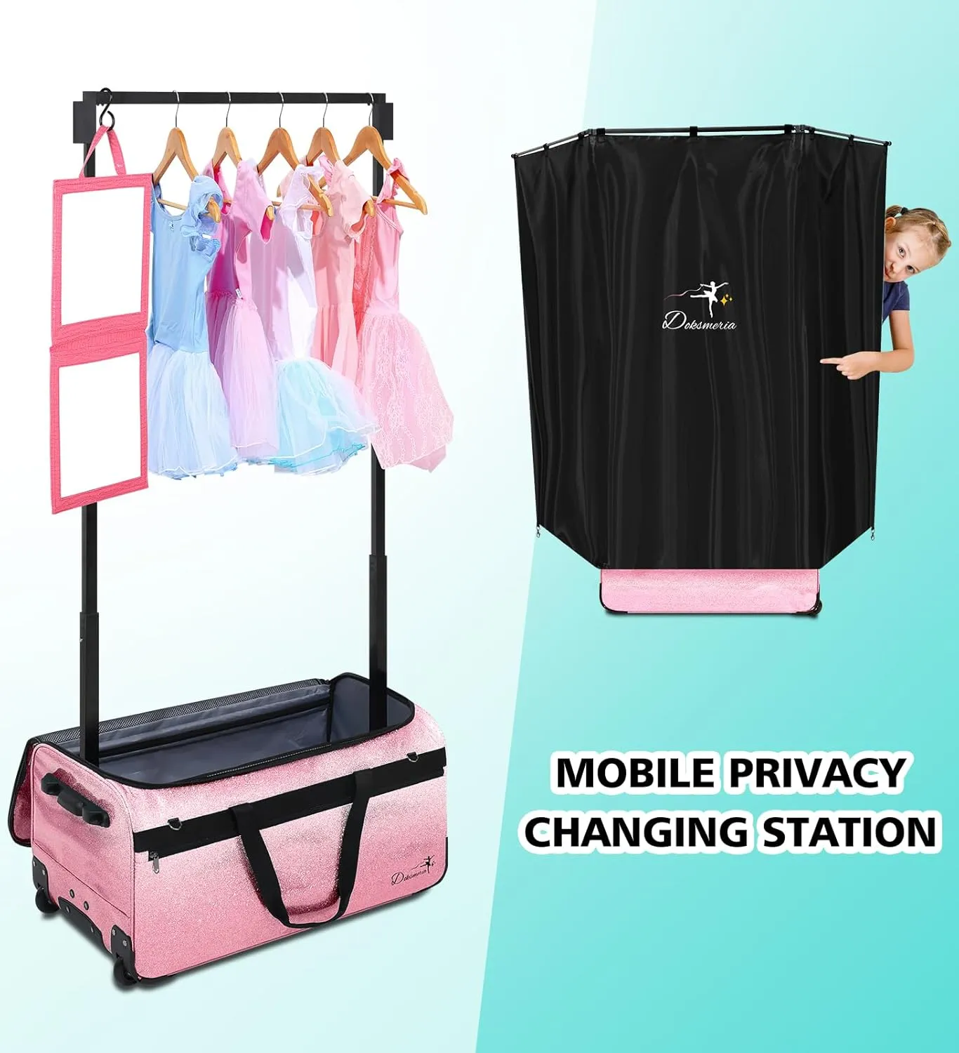 Dance Bag with Garment Rack and Curtain, 29" Glitter Rolling Dance Competition Bag with Garment Rack & Wheels, Collapsible Dance Travel Bag Suitcase for Dancers Performer Artist Livestreamer Athlete