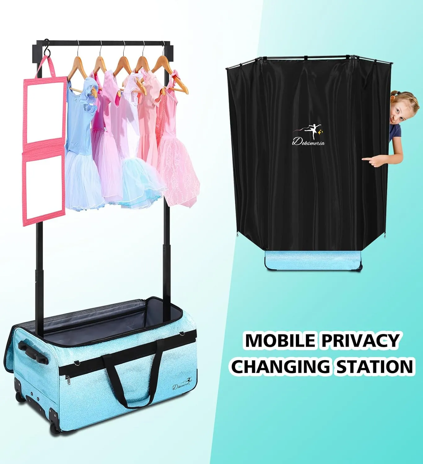 Dance Bag with Garment Rack and Curtain, 29" Glitter Rolling Dance Competition Bag with Garment Rack & Wheels, Collapsible Dance Travel Bag Suitcase for Dancers Performer Artist Livestreamer Athlete