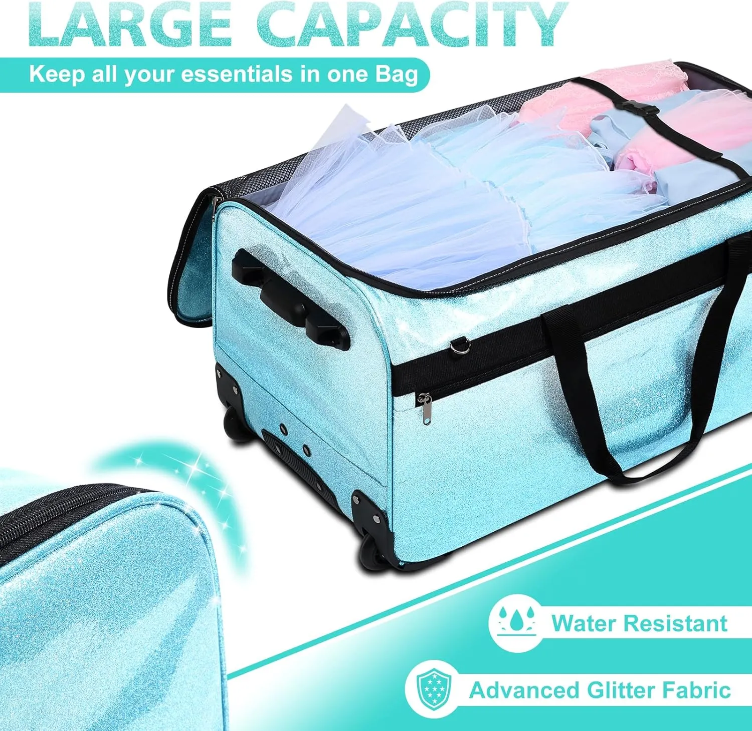 Dance Bag with Garment Rack and Curtain, 29" Glitter Rolling Dance Competition Bag with Garment Rack & Wheels, Collapsible Dance Travel Bag Suitcase for Dancers Performer Artist Livestreamer Athlete