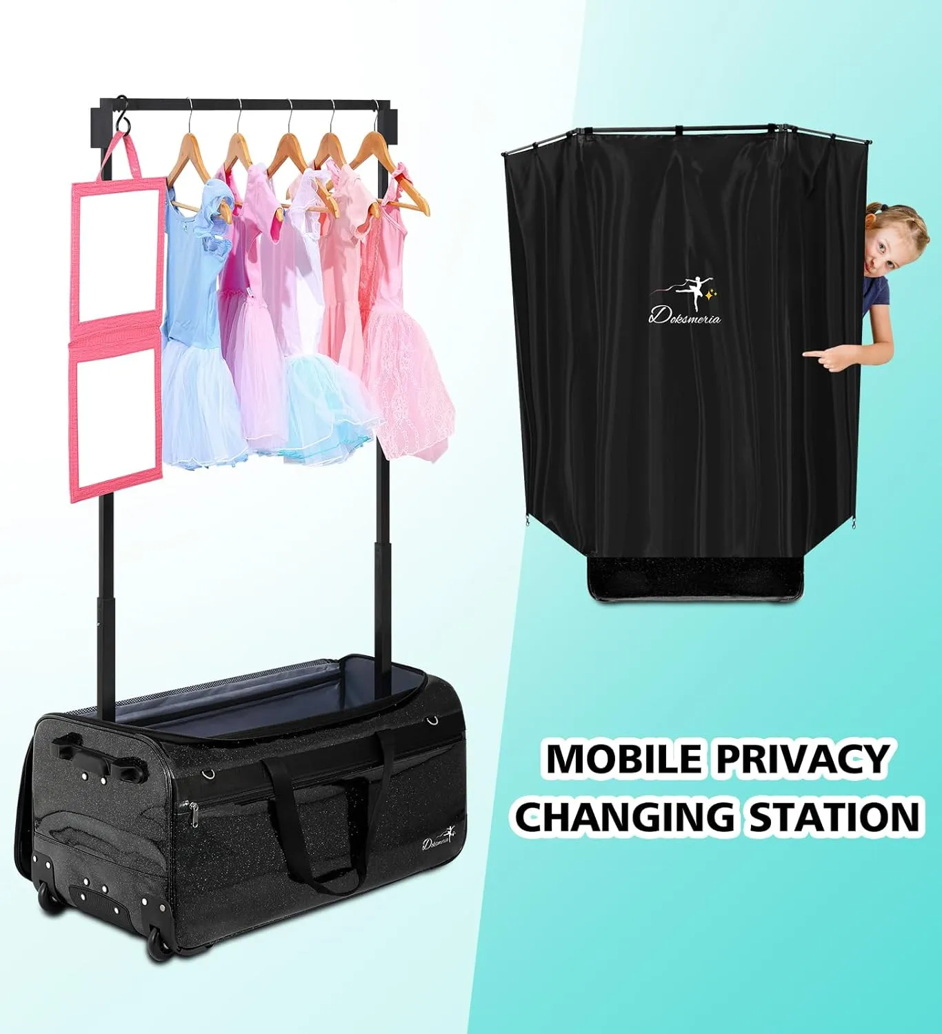 Dance Bag with Garment Rack and Curtain, 29" Glitter Rolling Dance Competition Bag with Garment Rack & Wheels, Collapsible Dance Travel Bag Suitcase for Dancers Performer Artist Livestreamer