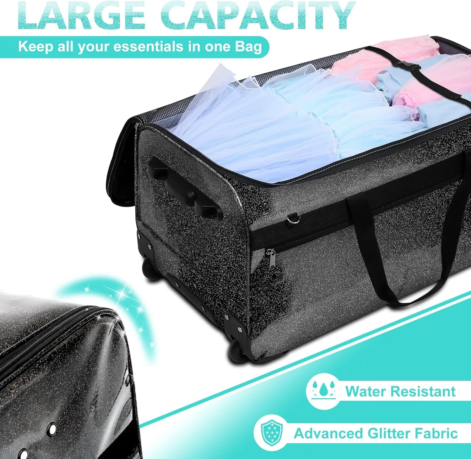 Dance Bag with Garment Rack and Curtain, 29" Glitter Rolling Dance Competition Bag with Garment Rack & Wheels, Collapsible Dance Travel Bag Suitcase for Dancers Performer Artist Livestreamer