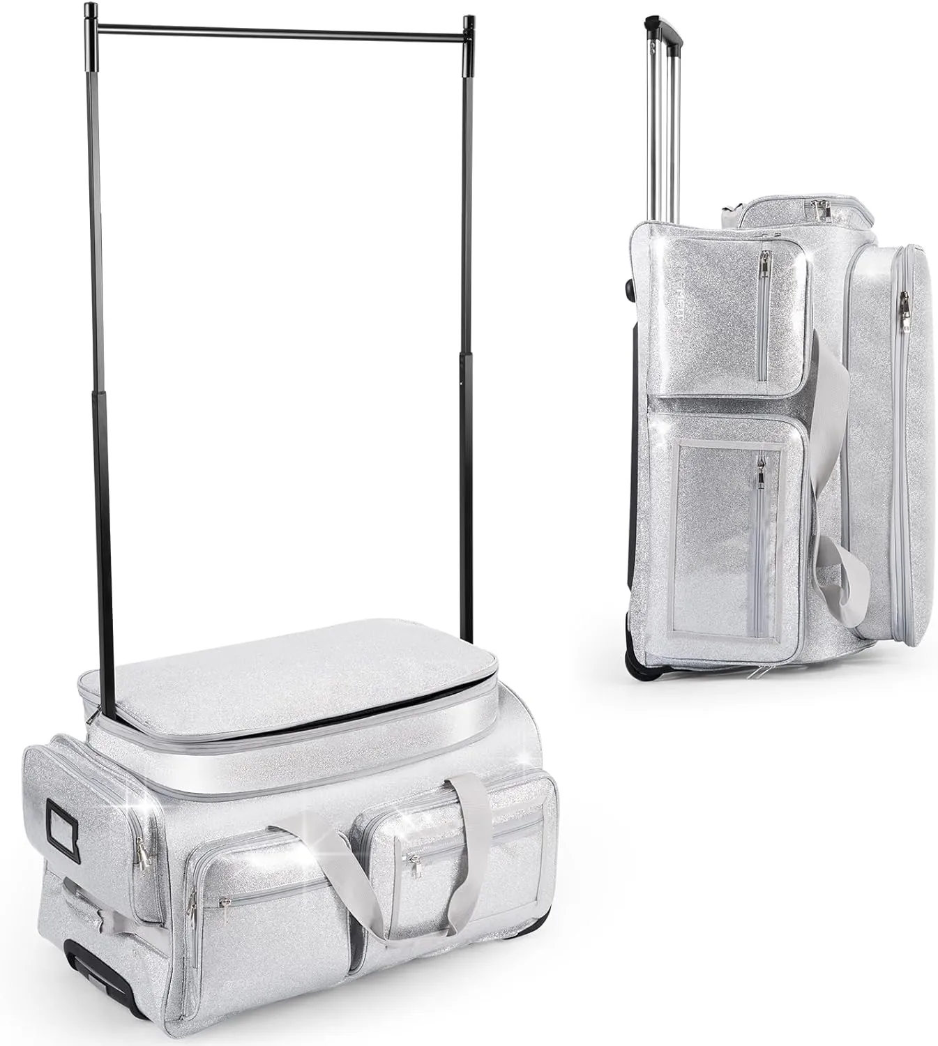 Dance Bag with Garment Rack, Glitter Blue 28" Dance Competition Must Haves Garment Bags for Travel, Costumes Rolling Garment Bags For Travel Collapsible Suitcase for Dancers Performers Recital