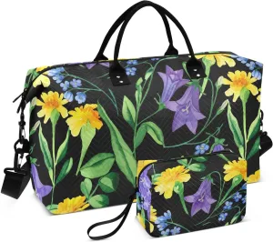 Dandelion Bellflower Floral Black Sports Gym Bag for Women Men Travel Duffel Bag Weekend Overnight Carry on Bag with Toiletry Bag Training Handbag for Yoga Workout Swimming Hospital Plane
