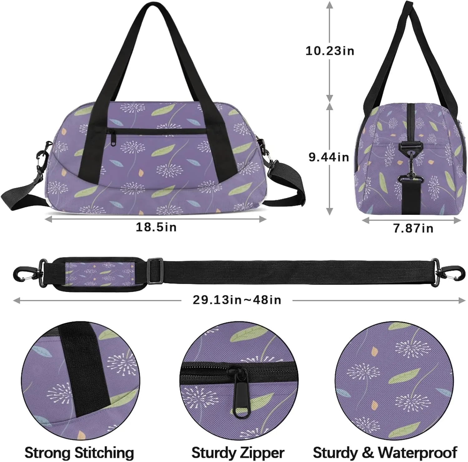 Dandelion Leaves Pattern Kids Duffel Bag Lightweight Waterproof Sports Gym Bag with Front Zipper Pocket Foldable Weekender Overnight Bag for School Practice Gymnastic Ballet