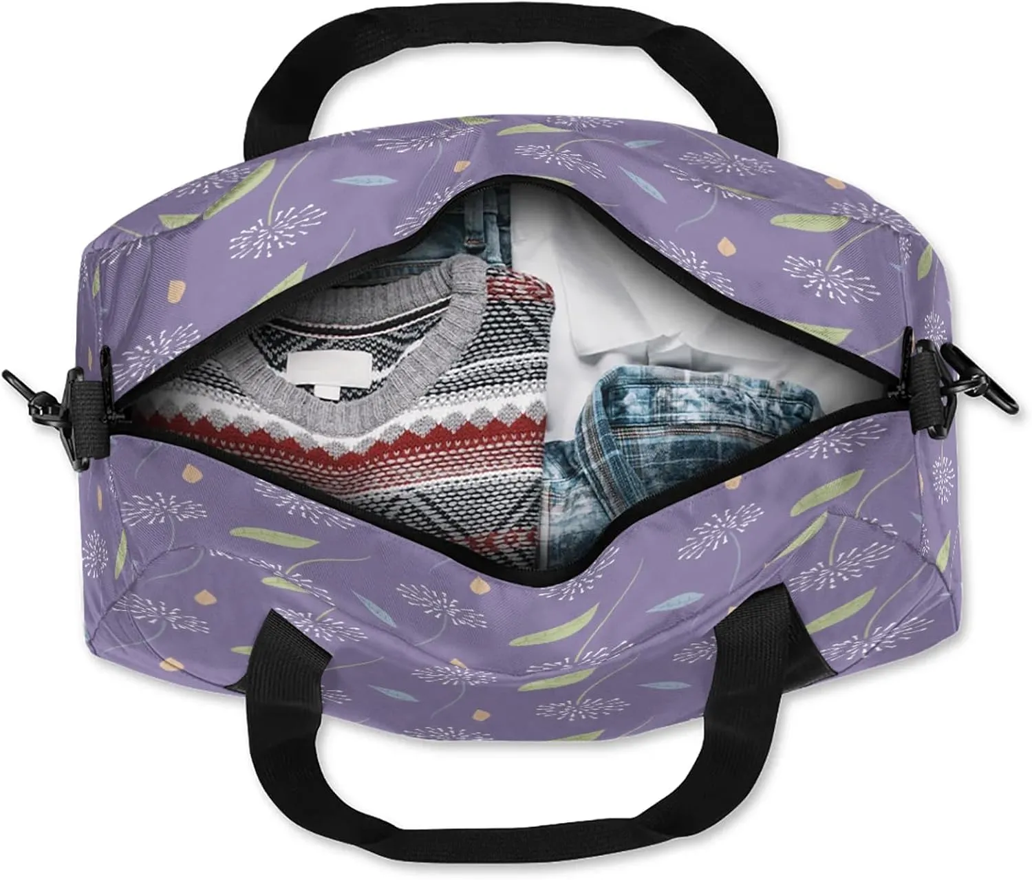 Dandelion Leaves Pattern Kids Duffel Bag Lightweight Waterproof Sports Gym Bag with Front Zipper Pocket Foldable Weekender Overnight Bag for School Practice Gymnastic Ballet
