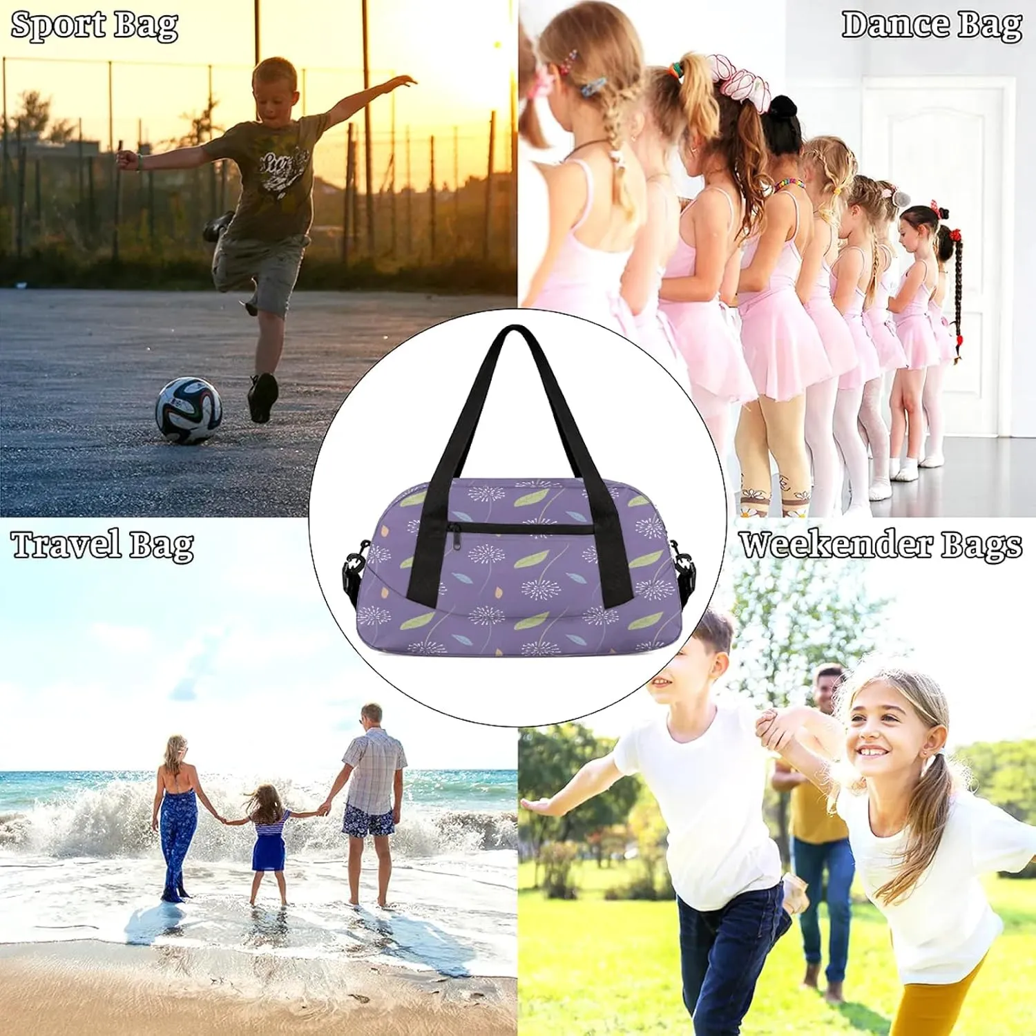 Dandelion Leaves Pattern Kids Duffel Bag Lightweight Waterproof Sports Gym Bag with Front Zipper Pocket Foldable Weekender Overnight Bag for School Practice Gymnastic Ballet