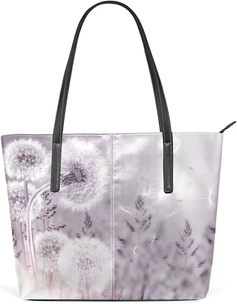 Dandelion Tote Bag for Women Leather Shoulder Handbag with Zipper and Pockets Fashion Casual Handle Bag Purse for Travel Beach Working Laptop School Gym Shopping