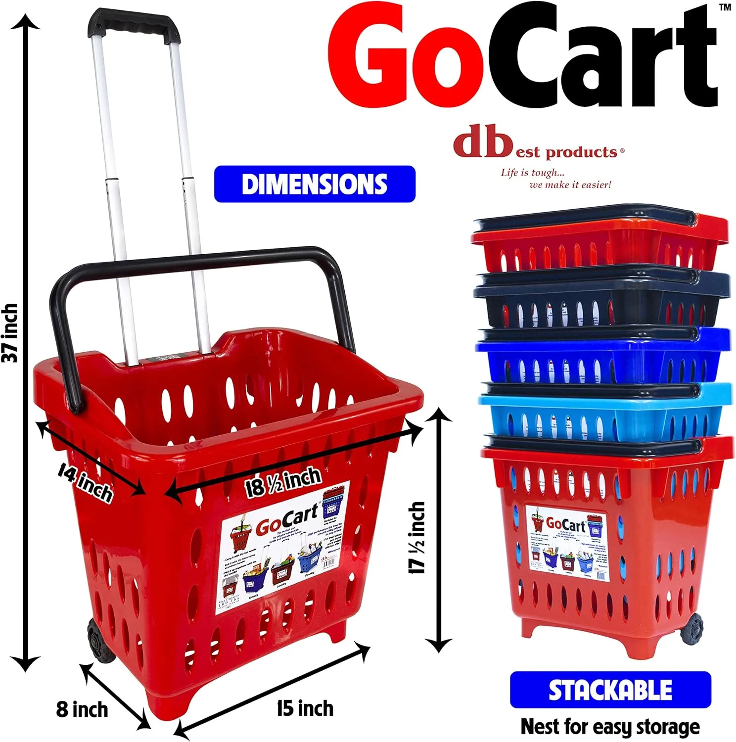 dbest products GoCart, Red Grocery Cart Shopping Laundry Basket on Wheels
