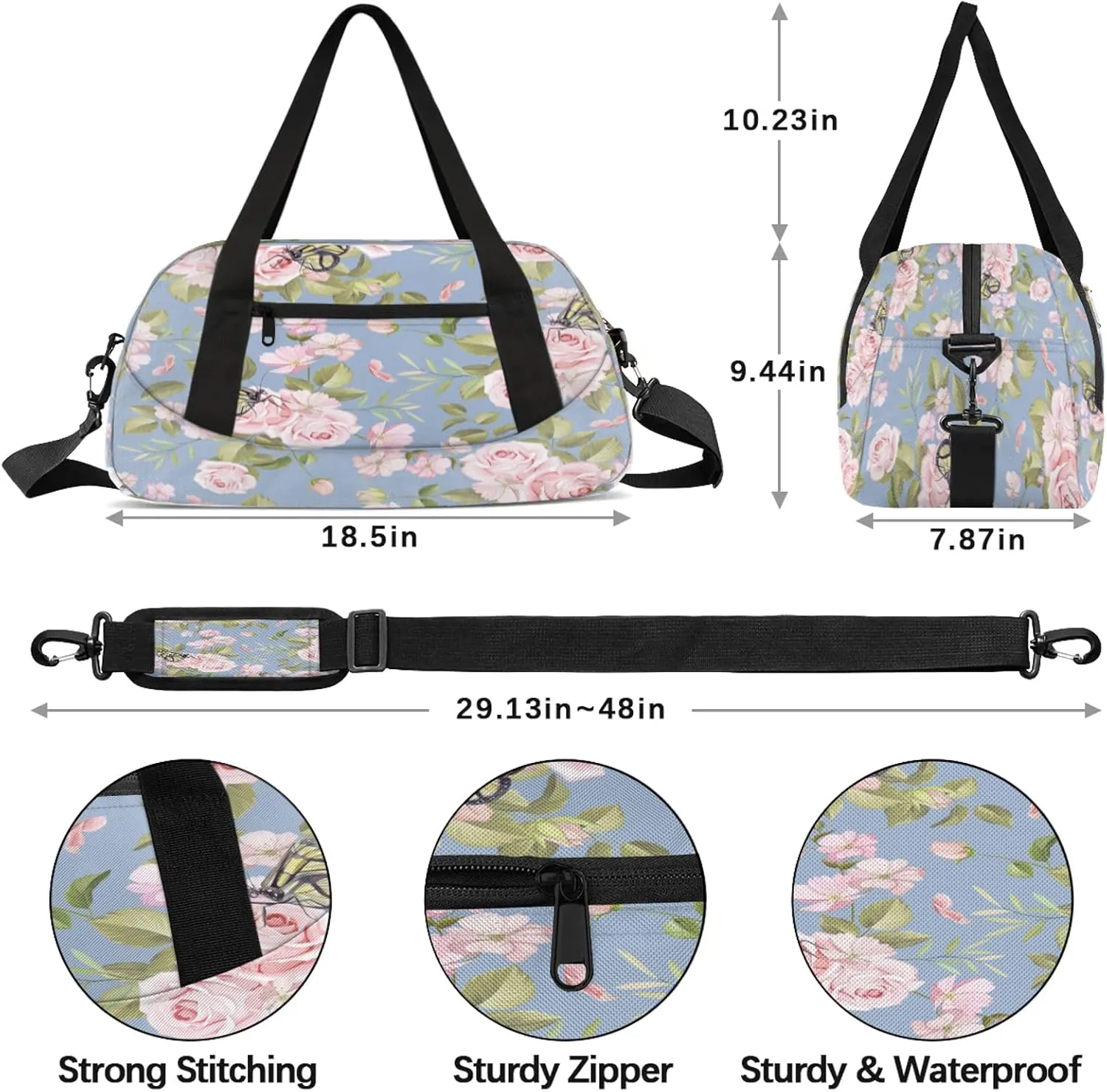 Delicate Rose Pattern Kids Duffel Bag Lightweight Waterproof Sports Gym Bag with Front Zipper Pocket Foldable Weekender Overnight Bag for School Practice Gymnastic Ballet