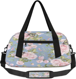 Delicate Rose Pattern Kids Duffel Bag Lightweight Waterproof Sports Gym Bag with Front Zipper Pocket Foldable Weekender Overnight Bag for School Practice Gymnastic Ballet