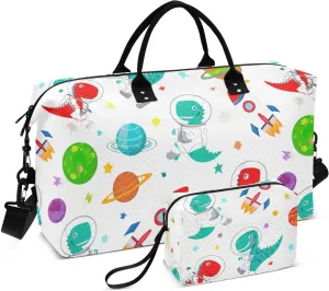 Dinosaur Planets Star White Sports Gym Bag for Women Men Travel Duffel Bag Weekend Overnight Carry on Bag with Toiletry Bag for Workout Swimming Yoga Plane