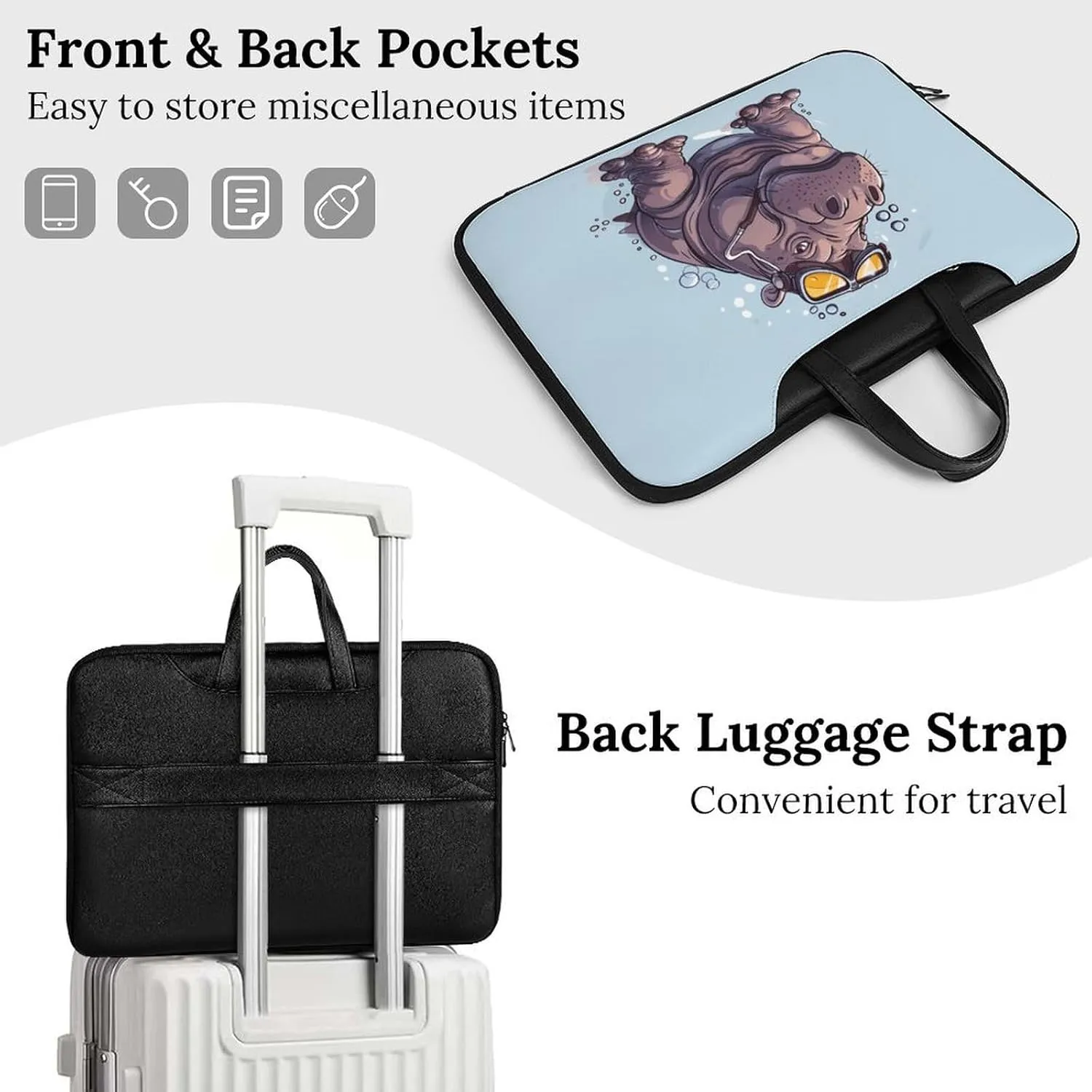 Diving Hippo Laptop Bag PU Leather Computer Tote Bag Carrying Case Messenger Bag with Handle