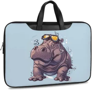 Diving Hippo Laptop Bag PU Leather Computer Tote Bag Carrying Case Messenger Bag with Handle