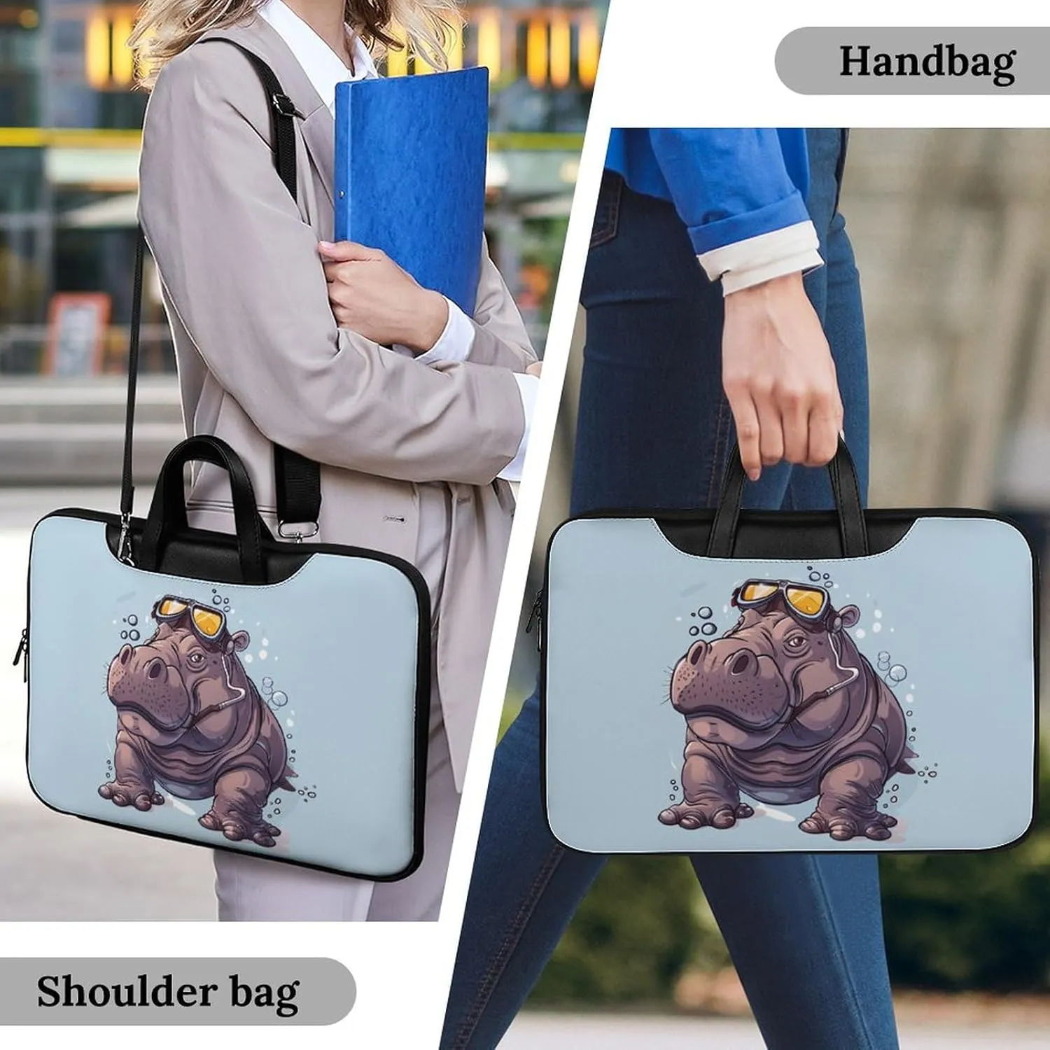 Diving Hippo Laptop Bag PU Leather Computer Tote Bag Carrying Case Messenger Bag with Handle