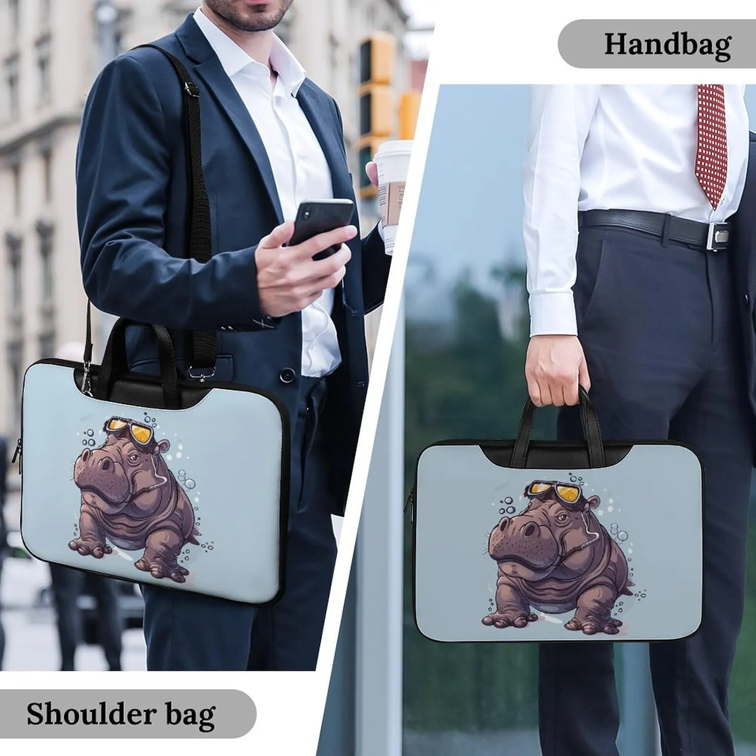 Diving Hippo Laptop Bag PU Leather Computer Tote Bag Carrying Case Messenger Bag with Handle