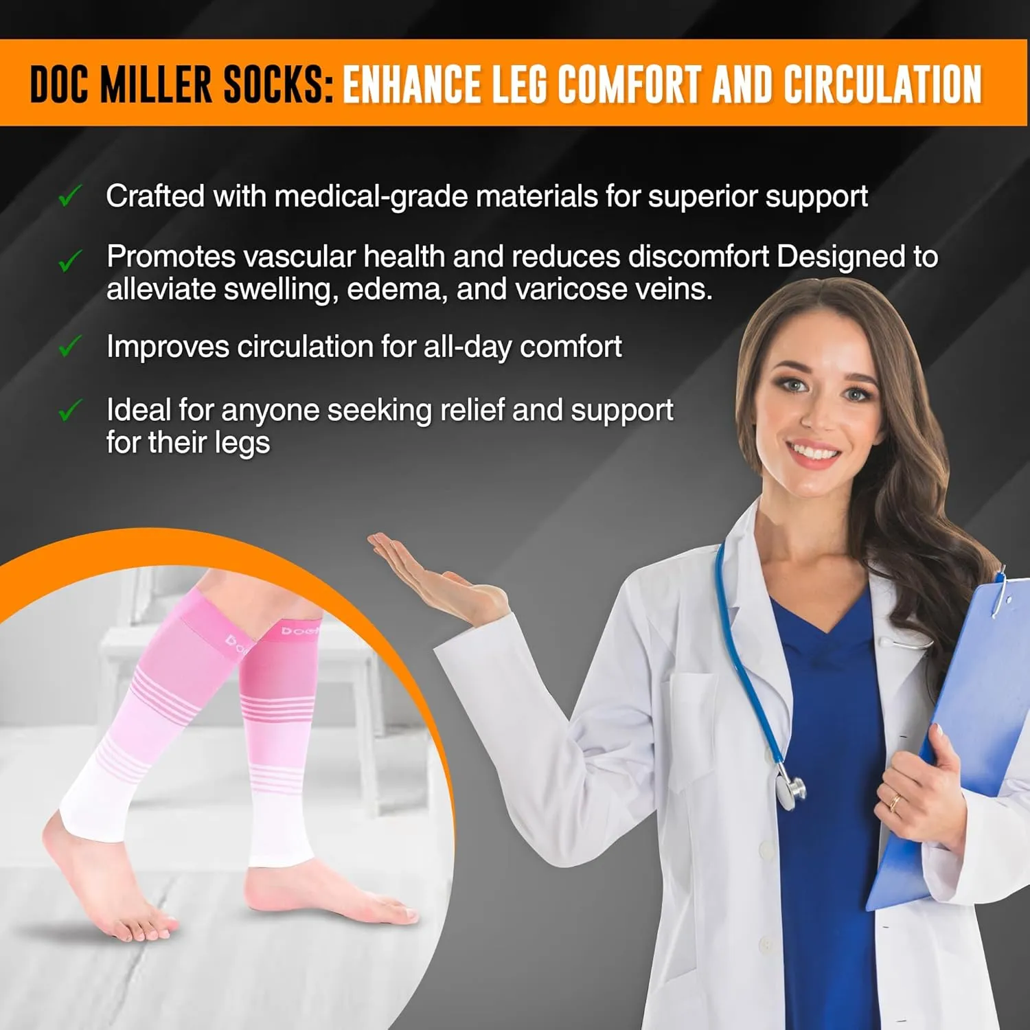 Doc Miller Compression Calf Sleeve for Men & Women, Medical Grade, 20-30mmHg Graduated Support for Running, Calf Tear, Shin Splints, Knee High, Calf Sleeves, Stripes Design, Small, 1 Pair