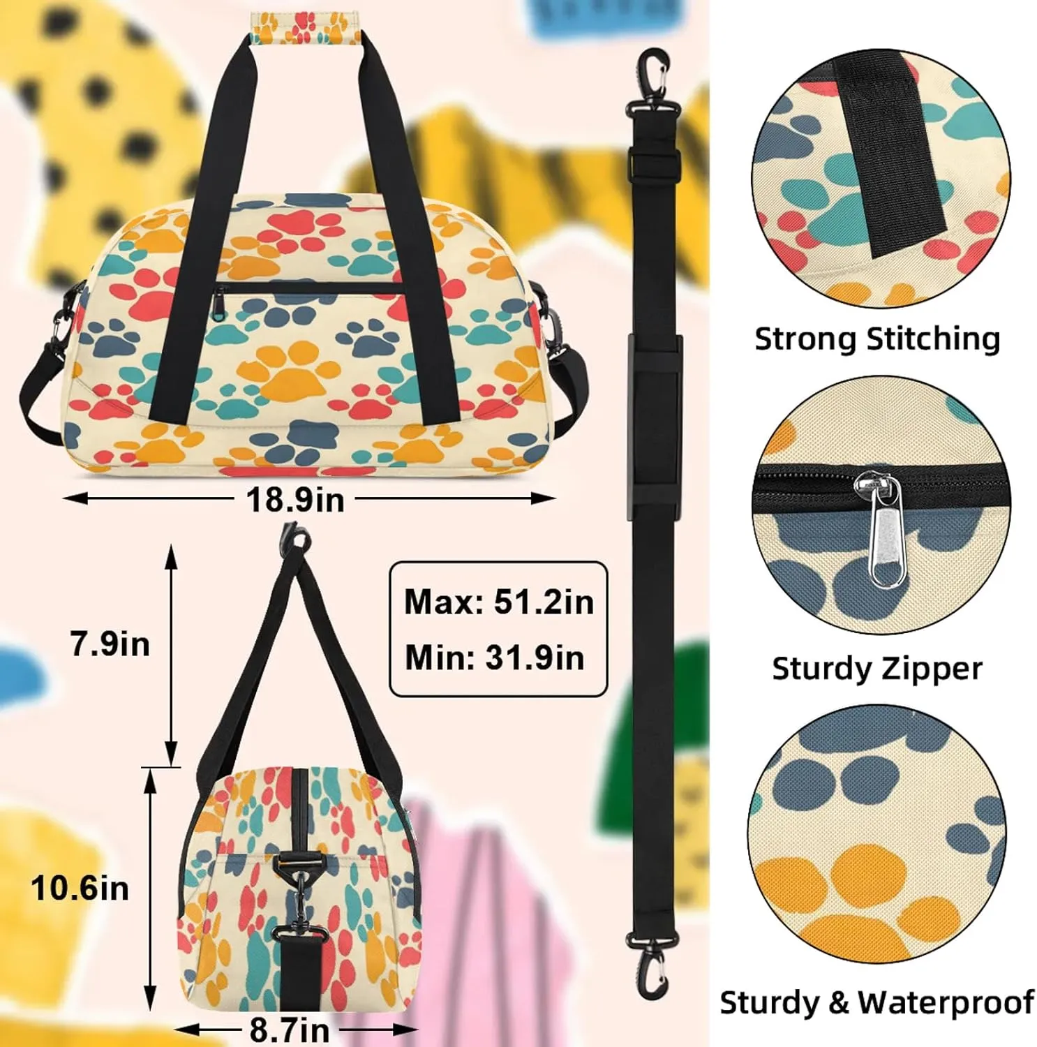 Dog Paw Print Pet Small Gym Bag 18 inch Carry On Duffel Bag for Weekender Travel Sports Workout Yoga Gymnastics Dance Ballet