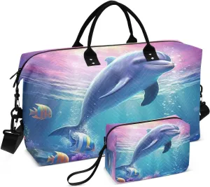 Dolphin Sunlight Ocean Sports Gym Bag for Women Men Travel Duffel Bag Weekend Overnight Carry on Bag with Toiletry Bag Yoga Bag for Workout Swimming Yoga Plane Hospital