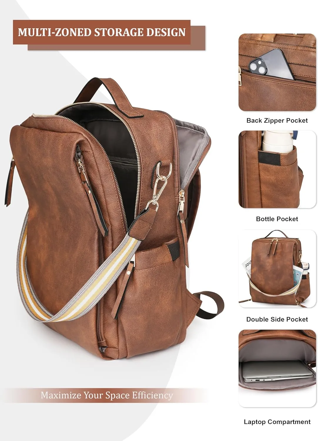 Dora & Liz Laptop Backpack for Women, Leather Travel Backpack with 15.6 Inch Laptop Compartment, College Work Computer Bag