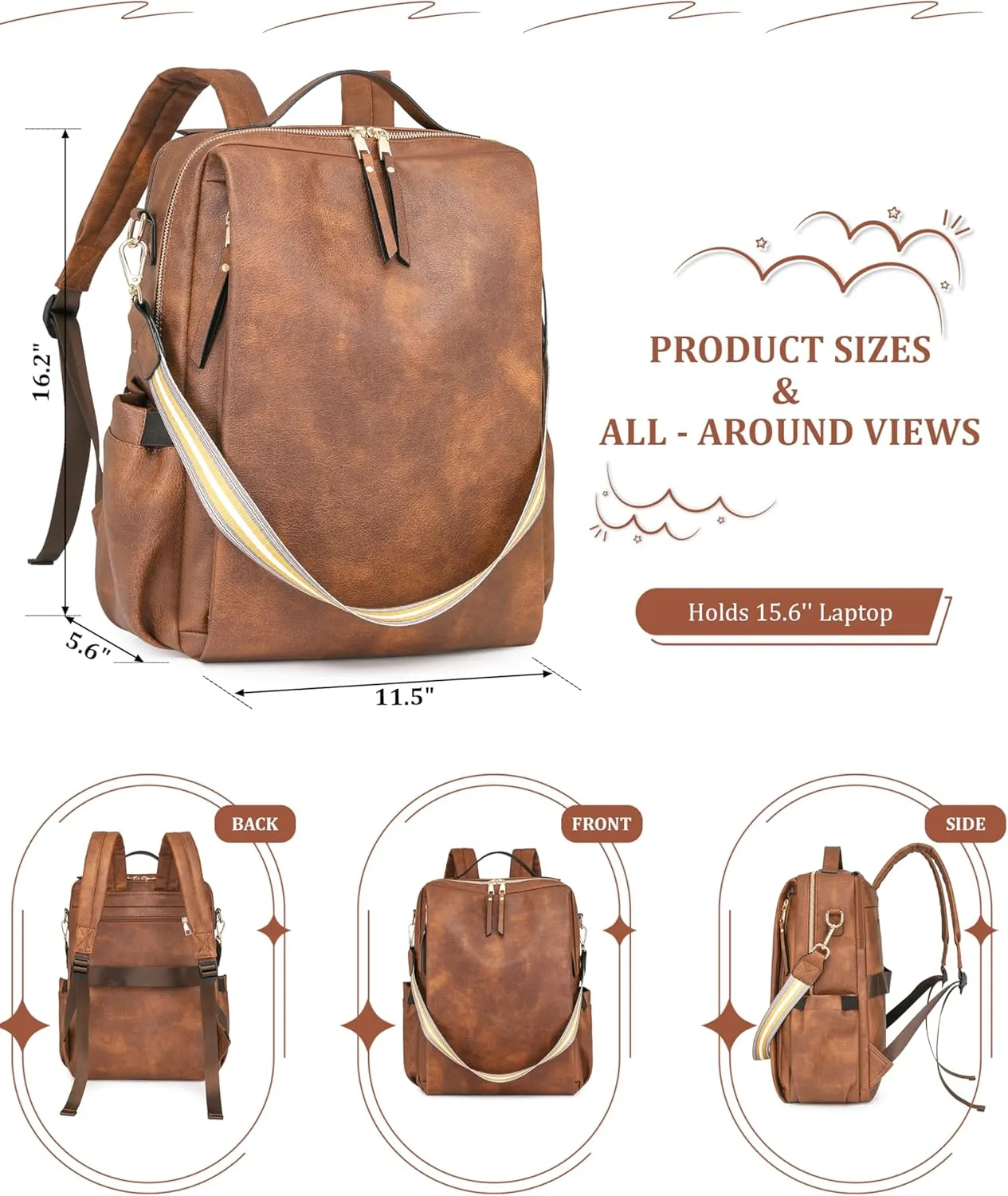 Dora & Liz Laptop Backpack for Women, Leather Travel Backpack with 15.6 Inch Laptop Compartment, College Work Computer Bag