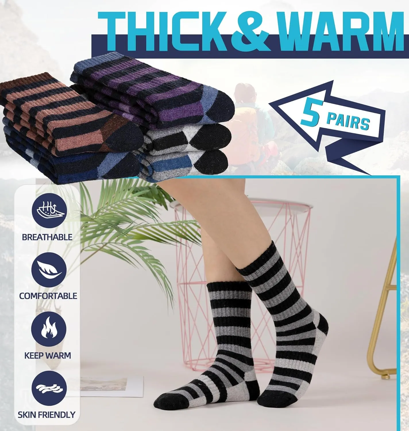 DoSmart Womens Merino Wool Hiking Socks Thermal Warm Walking Boot Winter Crew Cushion Work Socks 5 Pairs