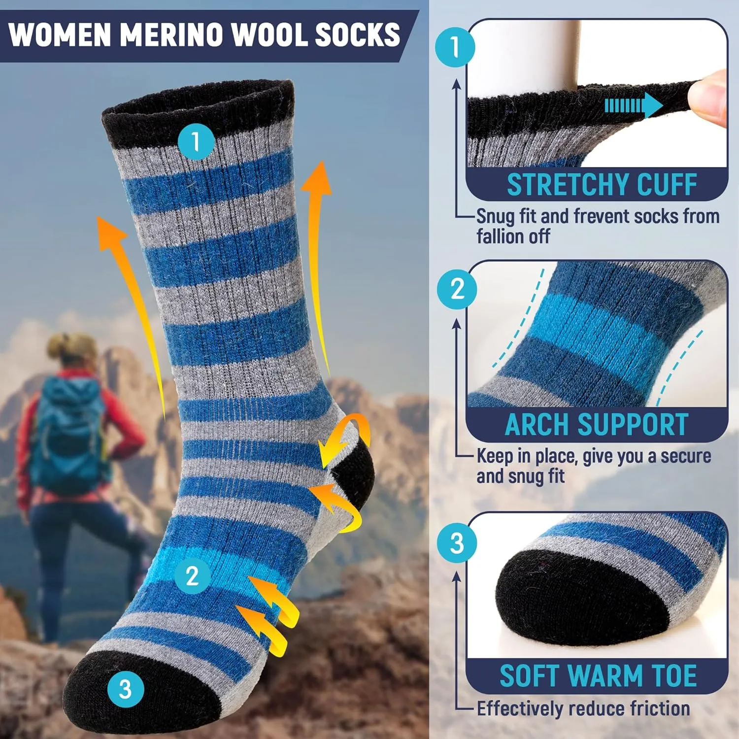 DoSmart Womens Merino Wool Hiking Socks Thermal Warm Walking Boot Winter Crew Cushion Work Socks 5 Pairs