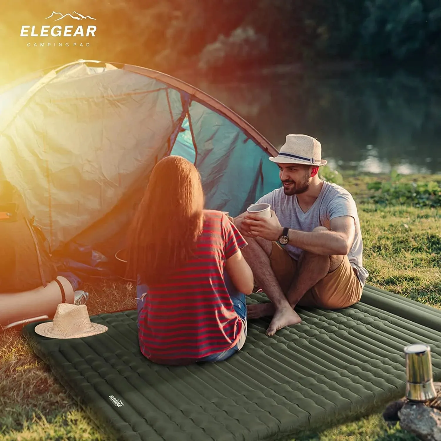 Double Camping Pad | 79"x55" TPU Air Mattress with Foot Pump | Waterproof 40D Nylon Sleeping Pad for Two